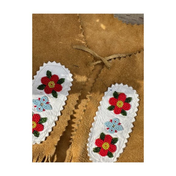 Handmade Suede Leather Vest Floral Beadwork Fringe Chest Tie Closure Youth 2T-4T - Picture 2 of 4